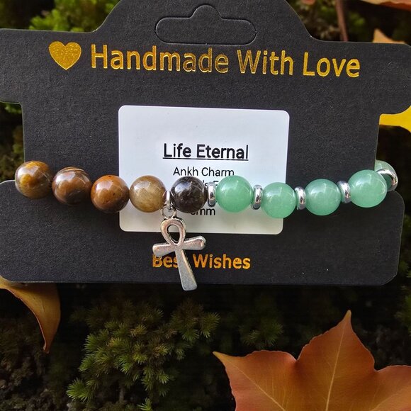 Handmade ✦ Life Eternal Bracelet ✦ Ankh Charm Tiger’s Eye Green Aventurine 8mm - Picture 1 of 6